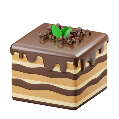 Layered Chocolate Cake With Dripping Ganache Topped With Chocolate Curls And Green Leaf 3d model