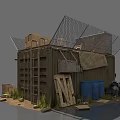 Rustic Converted Container Structure With Storage Crates Barrels Stones And Weeds