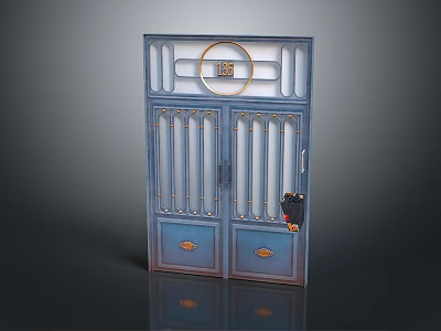 Traditional Blue Wooden Chinese Double Door With Circular Pattern Metal Strips And Brass Fittings 3d model