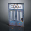 Traditional Blue Wooden Chinese Double Door With Circular Pattern Metal Strips And Brass Fittings