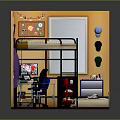 Colorful Bedroom Interior Design With Bunk Bed Desk Computer Orange Walls Windows And Blue Cabinet