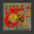 3D Architectural Model Circular Building with Yellow Red Exterior Antennas Adjacent Tower and Platform Base