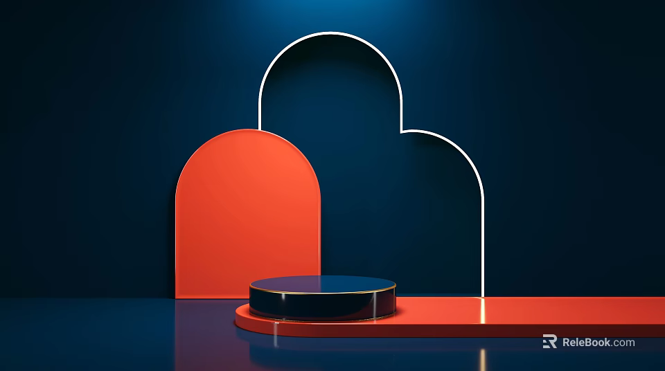 Red Arch Shaped Structures With Black Circular Platform On Dark Blue Background 3d model