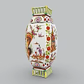 Exquisite Ceramic Vase With Colorful Floral And Figure Patterns On White Base And Golden Trim
