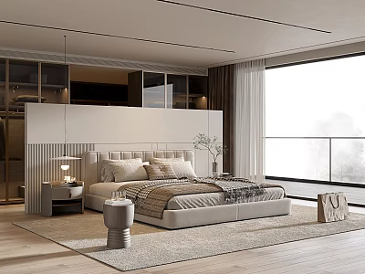Modern Bedroom Interior Design With King Bed Large Window And Area Rug 3d model