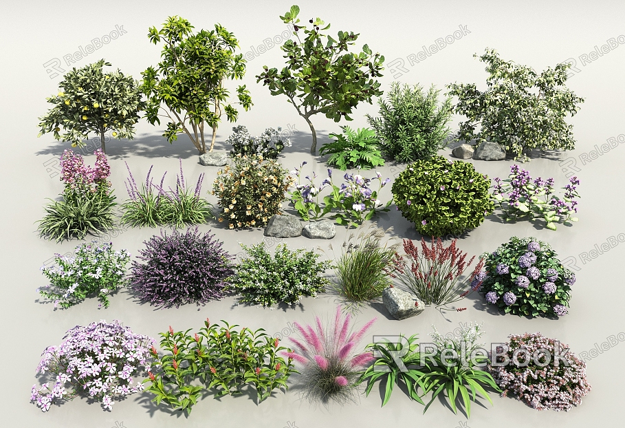 Flower Shrub Combination Shrub Plant Combination Landscape Green Planting Flowers and Plants Fig Tree Outdoor Flowers Greening Flowers and Plants Pink Lavender Fruit Tree model