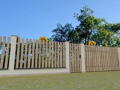 Wooden Road Fence With Sunflower Decorations And Green Trees In Grass Field Under Blue Sky 3d model