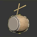 Brass Musical Drum With White Drumhead On Wooden Stand And Emblem