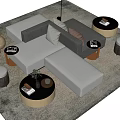 Modern Light Gray L Shaped Sofa With Round Coffee Tables And Stools On Rug 3d model