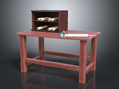 Wooden Workbench With Wooden Box Containing Rolls Ruler And Blue Objects 3d model