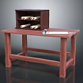 Wooden Workbench With Wooden Box Containing Rolls Ruler And Blue Objects