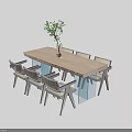 Light Wood Dining Table Set With Six Rattan Chairs And Green Plant Vase