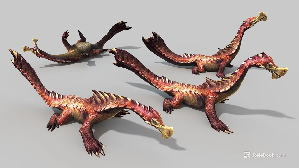 Four Red Orange Scaled Long Tailed Spiked Game Movie Creature Characters 3d model