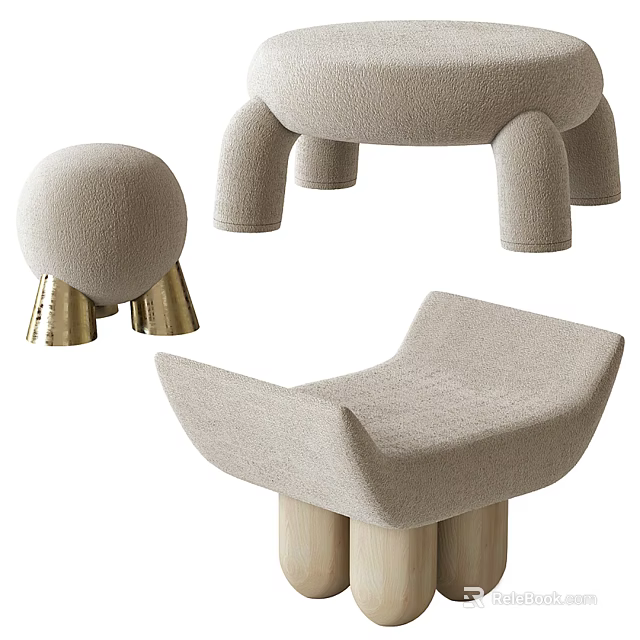 Beige Upholstered Stool With Curved Seat Design And Unique Wooden Leg Structure 3d model 
