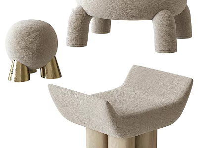 Beige Upholstered Stool With Curved Seat Design And Unique Wooden Leg Structure 3d model