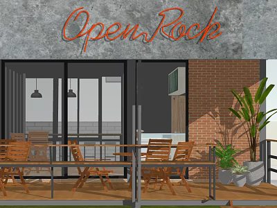 Open Rock Outdoor Dining Space With Wooden Chairs Glass Doors Brick Wall And Plants 3d model