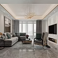 Modern Living and Dining Area With Sofa Armchair Coffee Table Chandelier And Decorative Painting