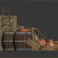 Rustic Household Items Set Including Wooden Barrels Clay Pots Wooden Crates Ladder And Wheelbarrow