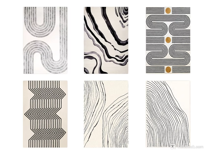 Modern Abstract Square Rugs Featuring Black And White Geometric Curve Patterns 3d model 