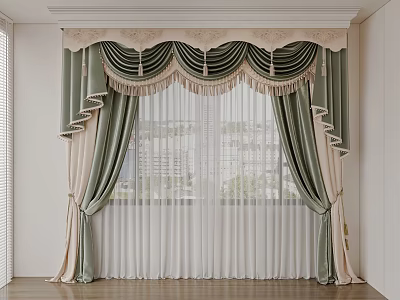 Elegant Green Beige Ruffled Curtains With White Sheer And Decorative Trim For Window Interior 3d model