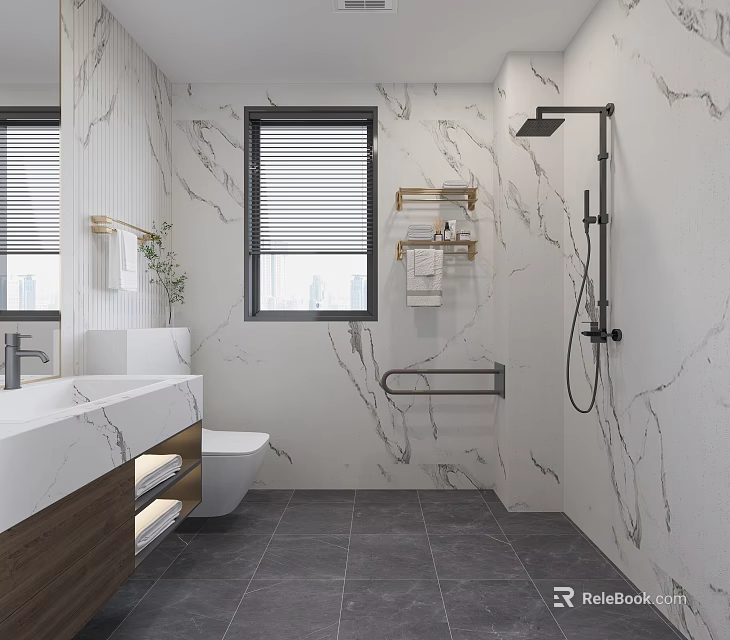 Modern Bathroom Interior Design With Marble Walls Vanity Toilet Shower And Gray Tiled Floor 3d model 