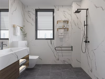 Modern Bathroom Interior Design With Marble Walls Vanity Toilet Shower And Gray Tiled Floor 3d model