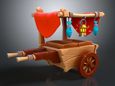 Vintage Wooden Cart With Red Cloth Curtain Hanging Blue Fish And Yellow Lantern Decorations 3d model