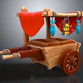 Vintage Wooden Cart With Red Cloth Curtain Hanging Blue Fish And Yellow Lantern Decorations