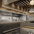Elegant Modern Restaurant Interior With Open Kitchen Pendant Lights And Wooden Tables