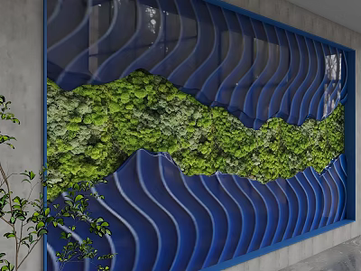 Green Plant Living Wall Backdrop In Blue Wavy Frame With Lush Foliage 3d model