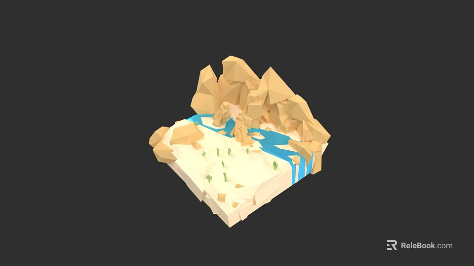 Artistic Plant Painting in Low Poly Style with Mountains River and Sandy Ground 3d model 