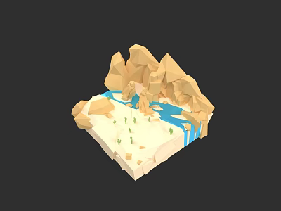 Artistic Plant Painting in Low Poly Style with Mountains River and Sandy Ground 3d model