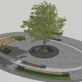 Circular Outdoor Plaza Design With Central Tree Surrounding Benches And Paved Ground