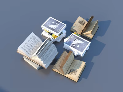 Open Books With Various Colors And Different Styles Scattered On Gray Background 3d model