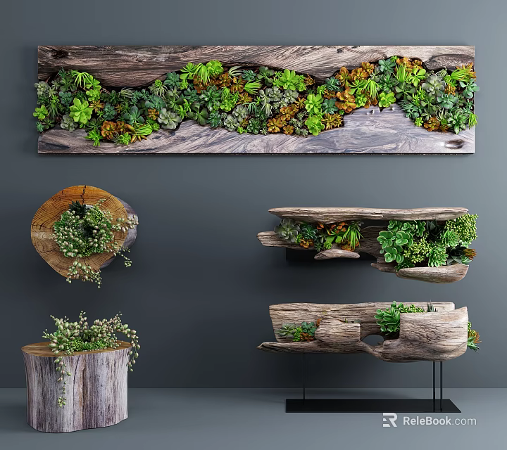 Stone Wood Decorative Pieces With Green Plants On Wall Hangings Shelves And Stools 3d model 
