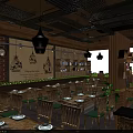 Modern Restaurant Interior with Wooden Brick Walls Dining Tables and Pendant Lights