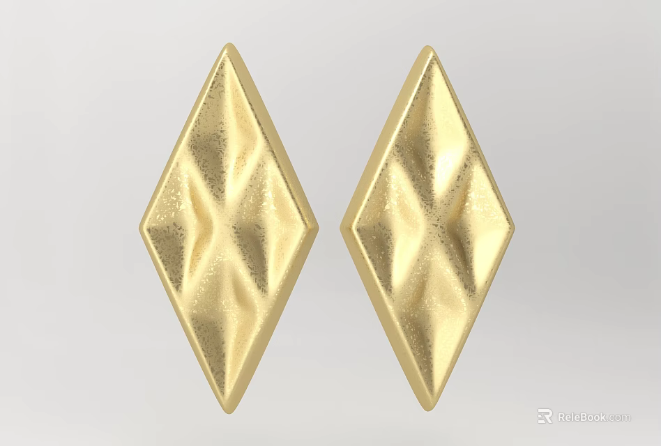 Golden Diamond Shaped Decorative Objects with Intricate Carved Surface Patterns 3d model 