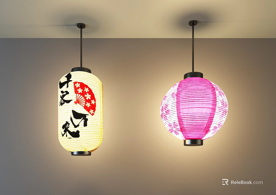 Traditional Decorative Lanterns White Lantern With Red Stars Black Characters And Pink Woven Lantern Hanging 3d model 
