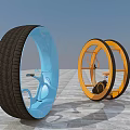 Large Circular Sports Equipment With Orange And Blue Fitness Wheels And Bicycle Structure