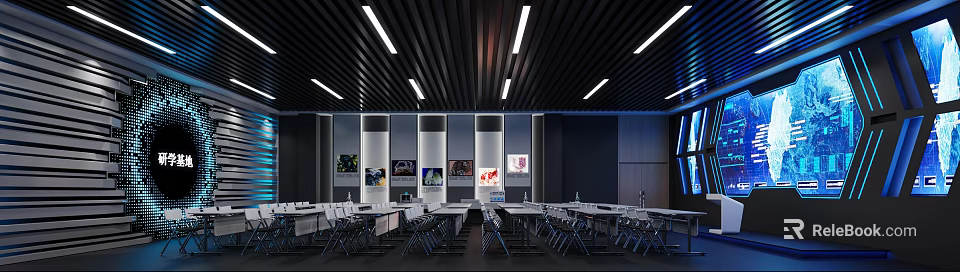 Modern Computer Classroom with Neatly Arranged Desks Chairs Long Strip Ceiling Lights and Wall Posters 3d model 