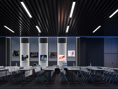 Modern Computer Classroom with Neatly Arranged Desks Chairs Long Strip Ceiling Lights and Wall Posters 3d model
