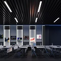 Modern Computer Classroom with Neatly Arranged Desks Chairs Long Strip Ceiling Lights and Wall Posters
