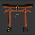 Traditional Japanese Torii Gate With Red Pillars Black Roof And Hanging Bell