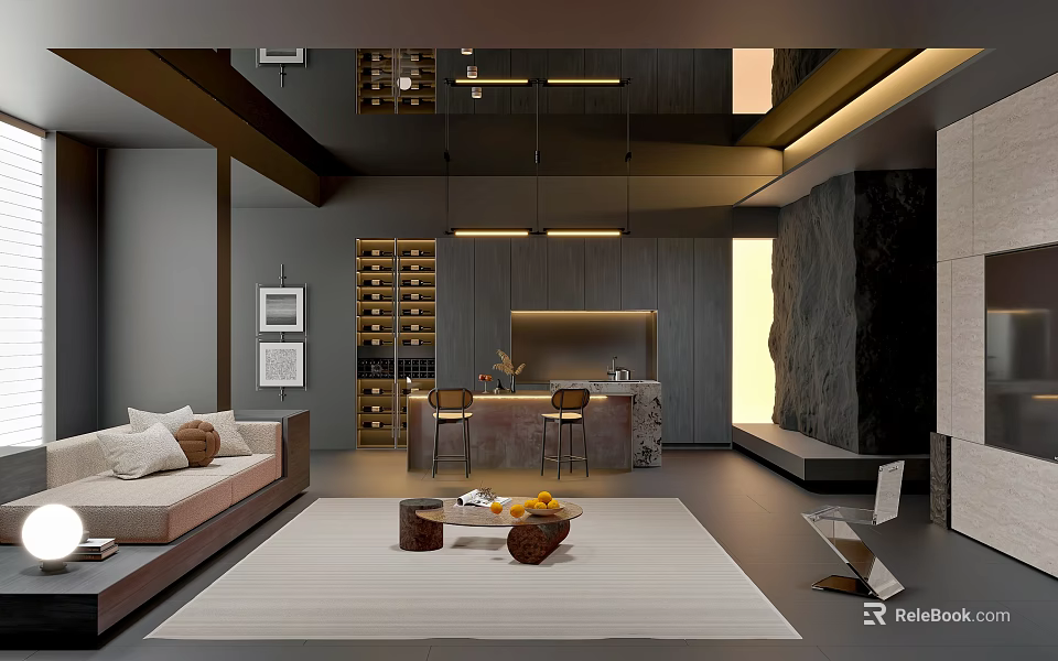 Modern Living Room Interior With Sofa Rug Coffee Table Bar Counter And Stone Wall 3d model 