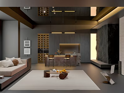 Modern Living Room Interior With Sofa Rug Coffee Table Bar Counter And Stone Wall 3d model