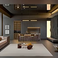 Modern Living Room Interior With Sofa Rug Coffee Table Bar Counter And Stone Wall