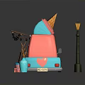 Colorful Ice Cream Truck With Pink And Blue Exterior Awning And Cone Decoration