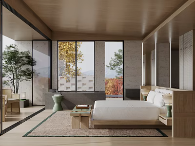Modern Hotel Room Interior With Large Windows Natural Views And Wood Accents 3d model