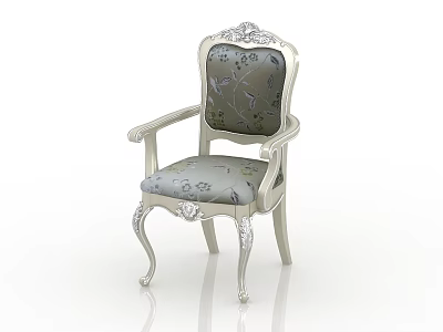 Vintage Carved Armchair With Gray Floral Fabric And Silver Frame Details 3d model