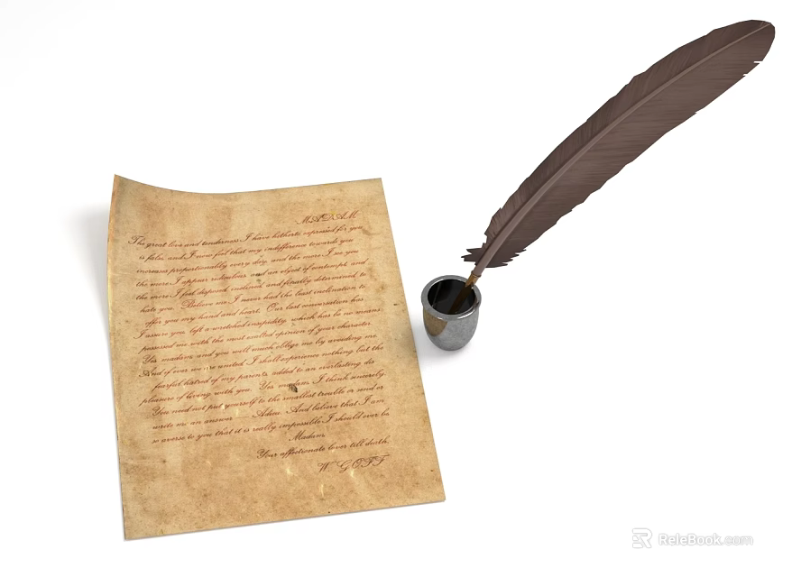 Antique Paper With Handwritten Text Alongside Quill Pen And Inkwell 3d model 